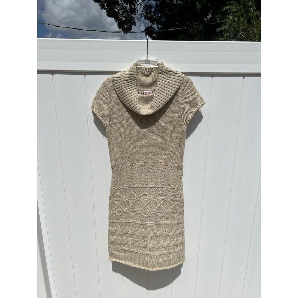 Pink Republic Sweater Dress Women's XL Tan Cowl Neck Short Sleeve Cable Knit